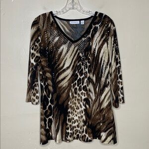 SUSAN GRAVER Tunic Top Brown & Black Animal Print V-Neck Liquid Knit Sequins Sm